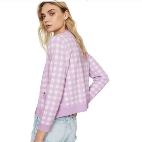 Maje Mystyle Cardigan Size 4 XL Purple White Gingham Check Preppy Sweater - Picture 4 of 14